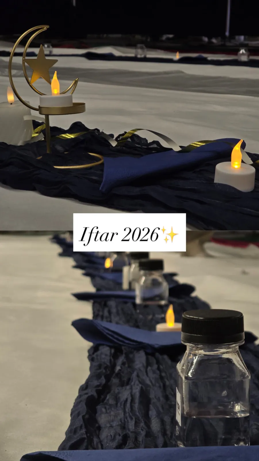 Gedeckte Iftar-Tafel 2026 mit Kerzen und Halbmond-Deko